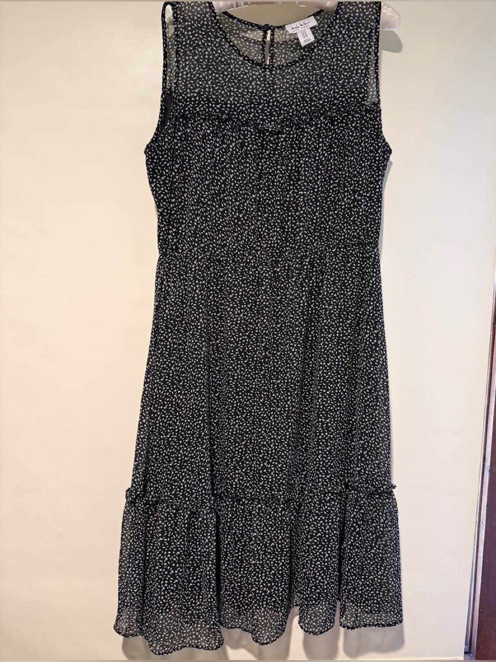 Nicole Miller Black Patterned Midi Sleeveless Dress with Sheer Neckline, size 14